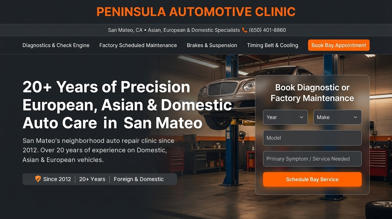Redesigned Peninsula Automotive Clinic homepage with vehicle booking form